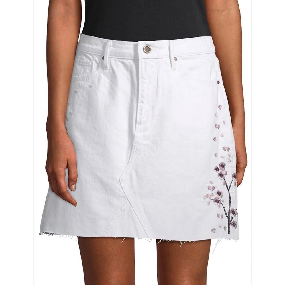 Driftwood Stef Cherry Blossom Denim Skirt White/Pink Women 27 Raw Hem